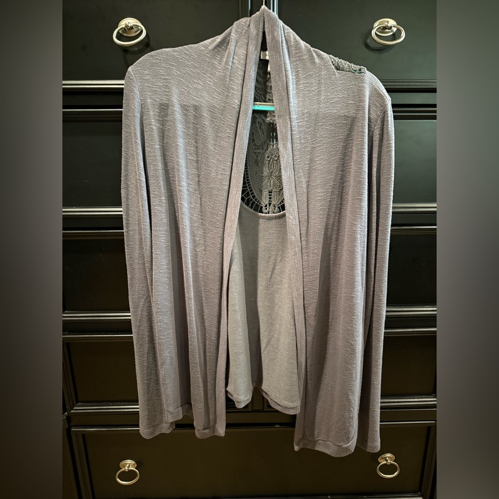 Forever Fashion Ladies Cardigan, Large, Gray with Back Decoration